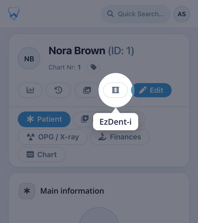 The patient header in alpinDent with the EzDent-i button next to the gallery and edit buttons